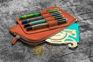 Leather Slip-N-Zip 4 Slots Zippered Pen Pouch - Pueblo Cognac