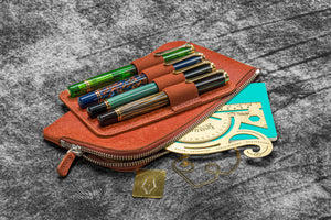 Leather Slip-N-Zip 4 Slots Zippered Pen Pouch - Pueblo Cognac