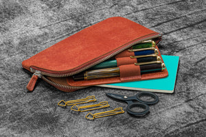 Leather Slip-N-Zip 4 Slots Zippered Pen Pouch - Pueblo Cognac