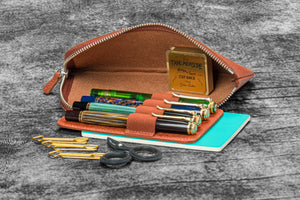 Leather Slip-N-Zip 4 Slots Zippered Pen Pouch - Pueblo Cognac