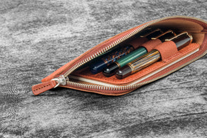 Leather Slip-N-Zip 4 Slots Zippered Pen Pouch - Pueblo Cognac