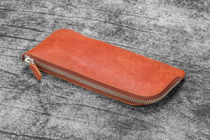 Leather Slip-N-Zip 4 Slots Zippered Pen Pouch - Pueblo Cognac