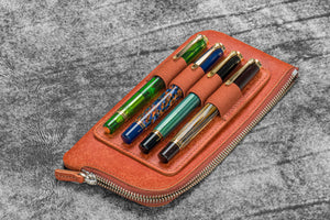 Leather Slip-N-Zip 4 Slots Zippered Pen Pouch - Pueblo Cognac