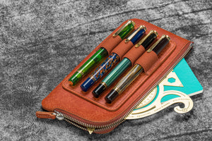 Leather Slip-N-Zip 4 Slots Zippered Pen Pouch - Pueblo Cognac