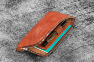 Leather Slip-N-Zip 4 Slots Zippered Pen Pouch - Pueblo Cognac