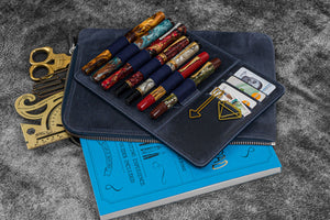 Leather Zippered Writer's Bank Bag - Pen Pouch - Crazy Horse Navy Blue