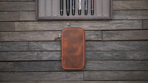 Leather Zippered 6 Slots Pen Case - Black
