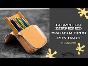 Leather Zippered Magnum Opus 3 Slots Hard Pen Case with Removable Pen Tray - Crazy Horse Navy Blue