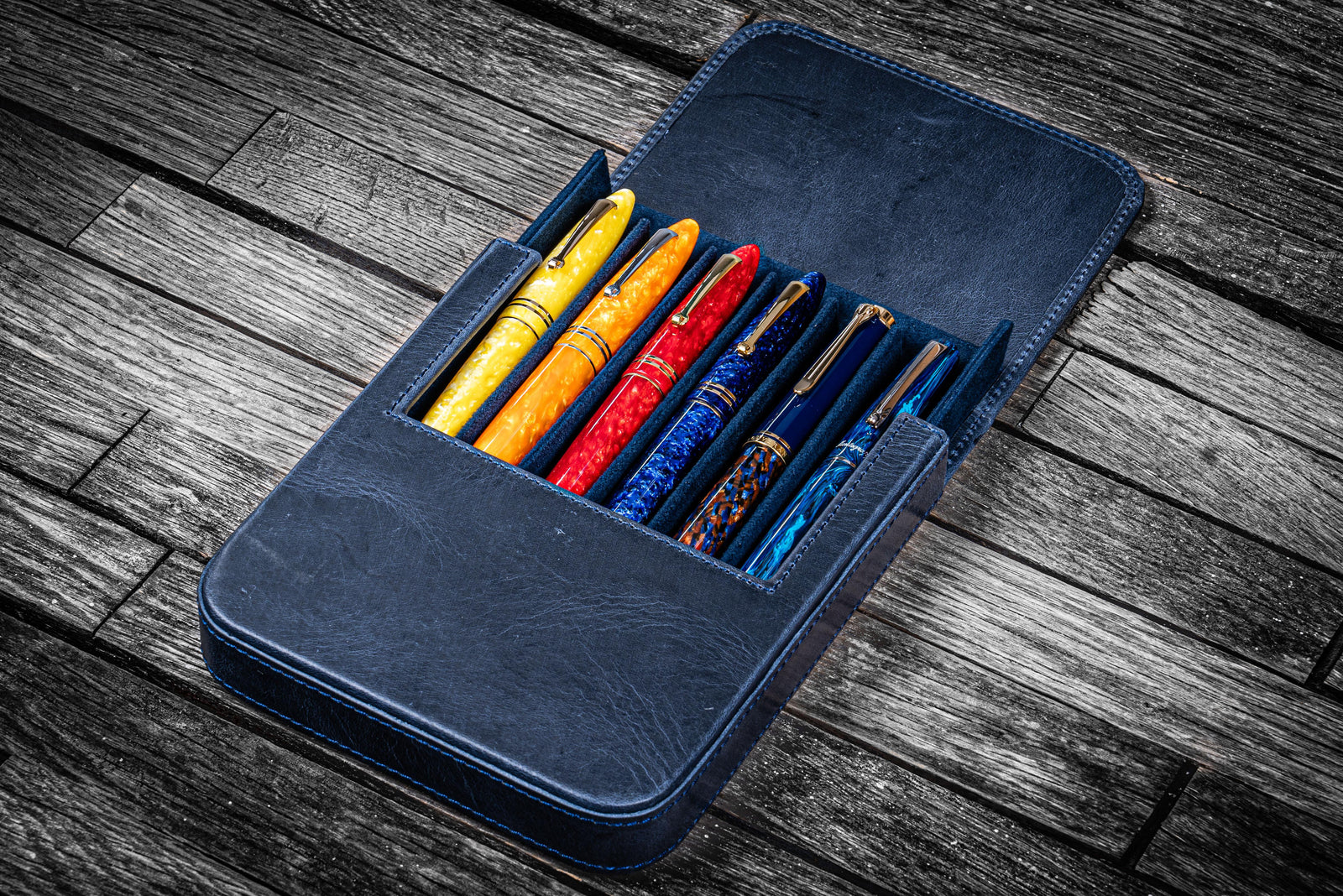 Leather Magnum Opus 6 Slots Hard Pen Case with Removable Pen Tray - Crazy Horse Navy Blue