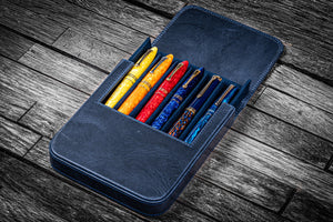 Leather Magnum Opus 6 Slots Hard Pen Case with Removable Pen Tray - Crazy Horse Navy Blue