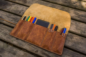Leather Pen Roll - Rustic Brown