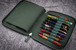 Leather Zippered 20 Slots Pen Case - Crazy Horse Forest Green