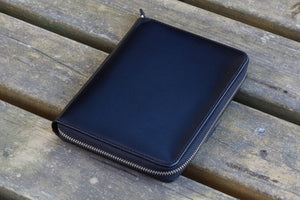 Leather Zippered 5 Slots Pen Case - Black