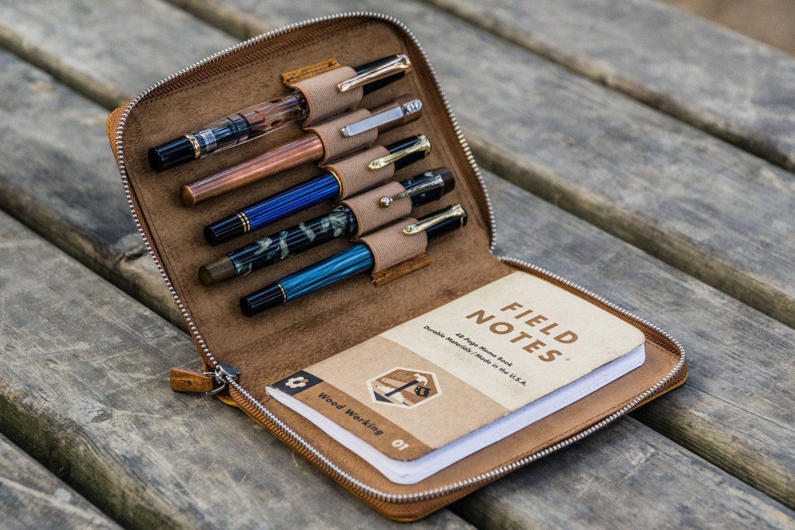 Leather Zippered 5 Slots Pen Case - Crazy Horse Brown