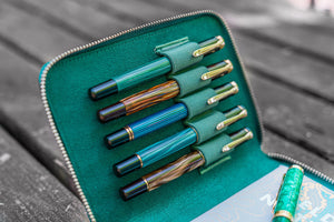 Leather Zippered 5 Slots Pen Case - Crazy Horse Forest Green
