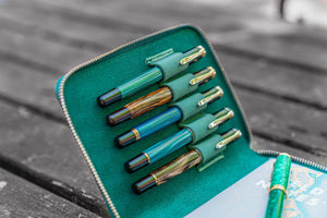 Leather Zippered 5 Slots Pen Case - Crazy Horse Forest Green