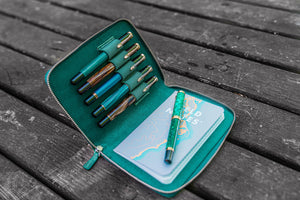 Leather Zippered 5 Slots Pen Case - Crazy Horse Forest Green