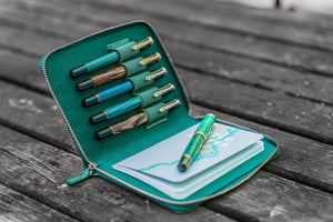 Leather Zippered 5 Slots Pen Case - Crazy Horse Forest Green