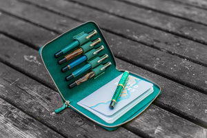 Leather Zippered 5 Slots Pen Case - Crazy Horse Forest Green