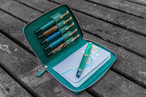 Leather Zippered 5 Slots Pen Case - Crazy Horse Forest Green