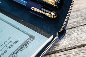 Leather Zippered 5 Slots Pen Case - Crazy Horse Navy Blue