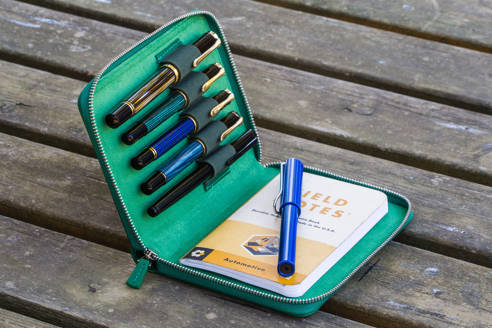 Leather Zippered 5 Slots Pen Case - Green