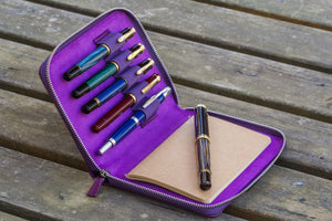 Leather Zippered 5 Slots Pen Case - Purple