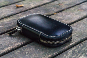 Leather Zippered 6 Slots Pen Case - Black
