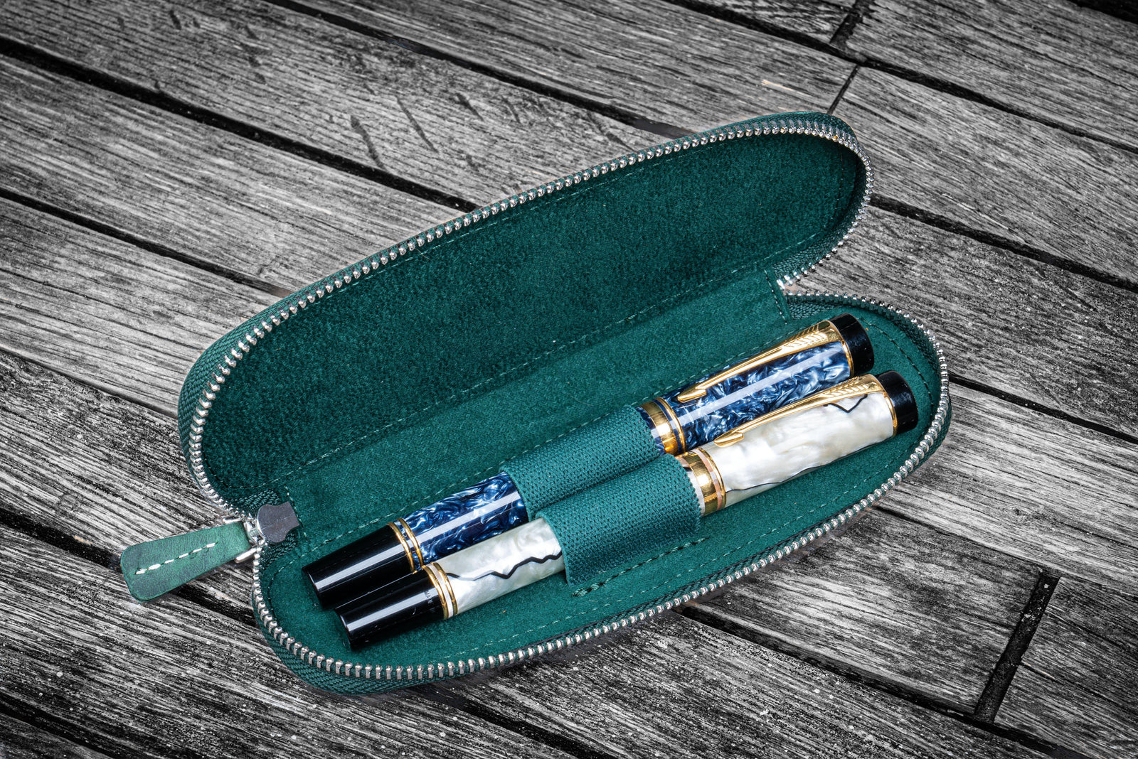 Leather Zippered Duo Slim Pen Case for 2 Pens - Crazy Horse Forest Green