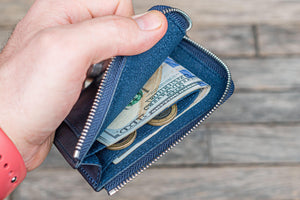 Leather Zippered Mega Mini Wallet - Crazy Horse Navy Blue