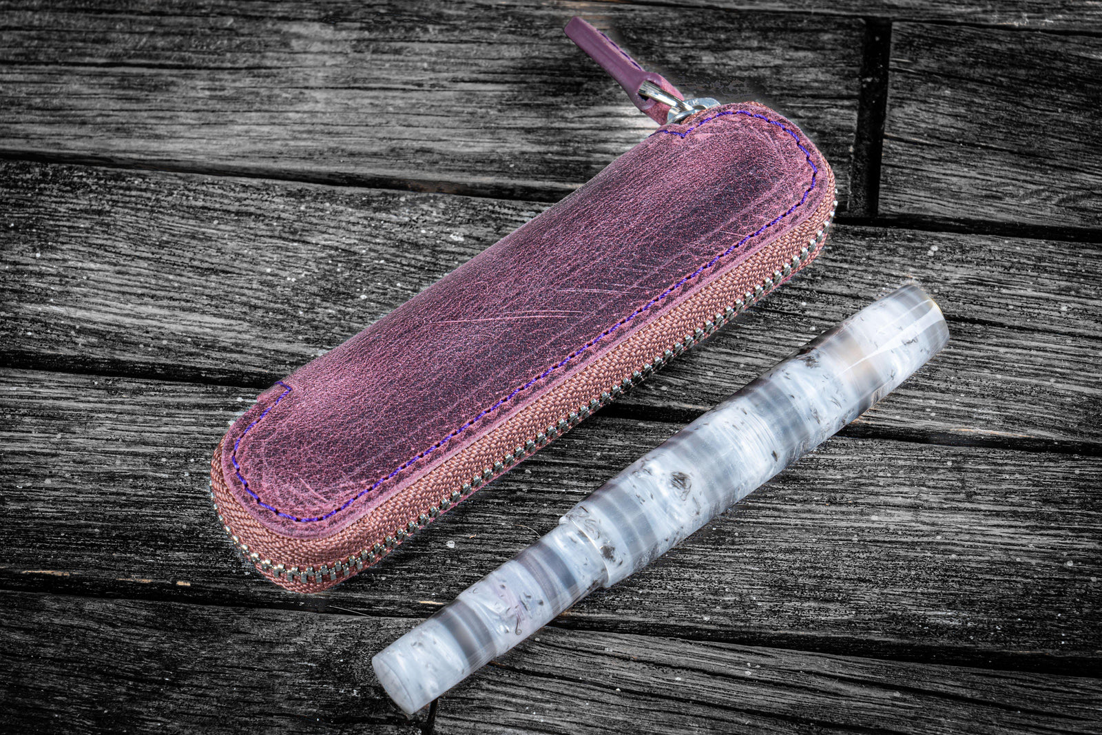 Leather Zippered Single Pen Case for Kaweco - Pocket Pen - Crazy Horse Purple