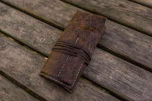 Personalized Leather Pen Roll - Rustic Dark Brown