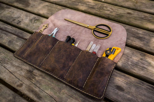 Personalized Leather Pen Roll - Rustic Dark Brown