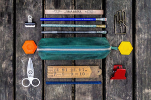 XLarge Zipper Leather Pencil Case - Crazy Horse Forest Green